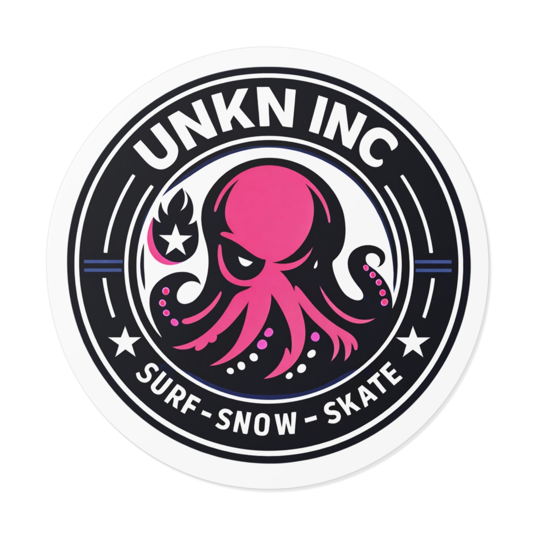 Octopus Surf-Snow-Skate Round Vinyl Sticker — UNKN INC Logo