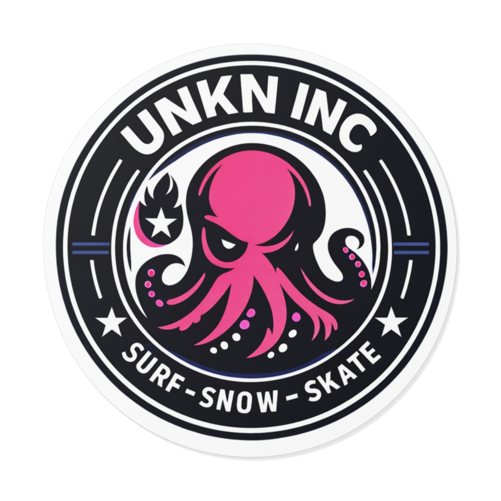 Octopus Surf-Snow-Skate Round Vinyl Sticker — UNKN INC Logo