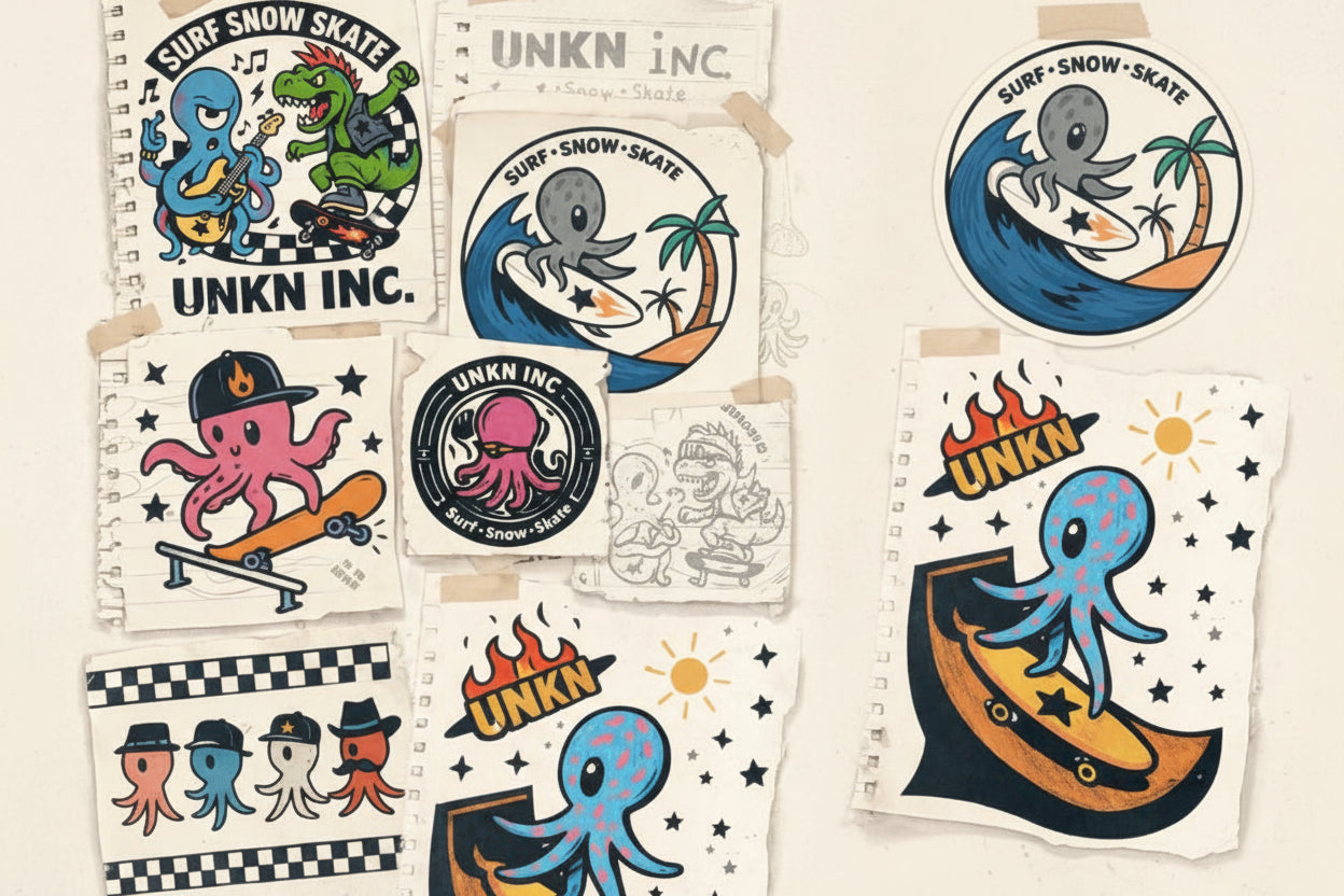 Collection of UNKN INC. stickers featuring various designs on a white background.